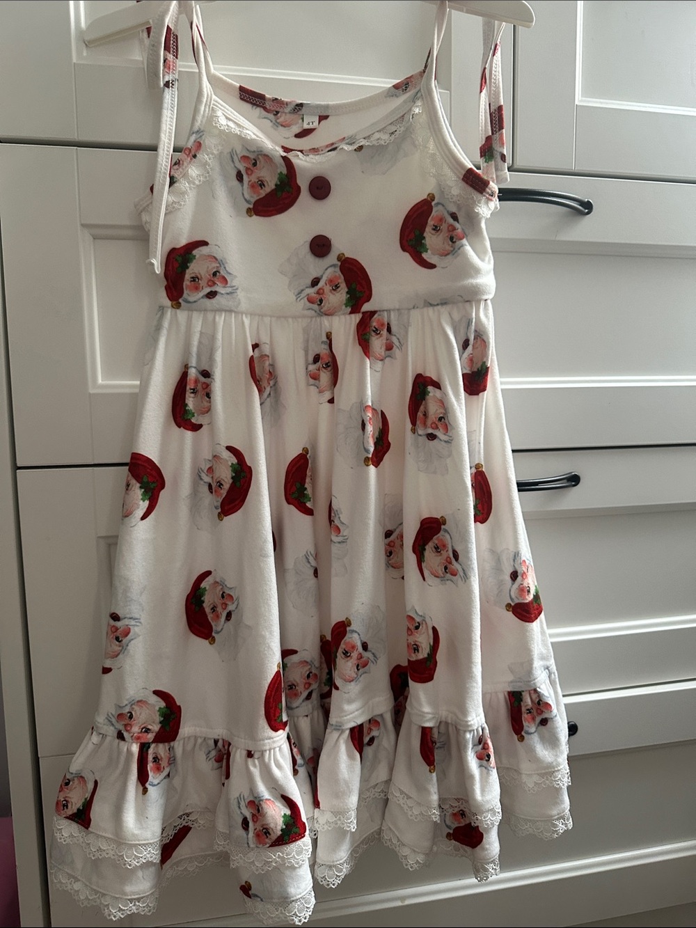 Girls' White Santa Print Holiday Sundress with Tie